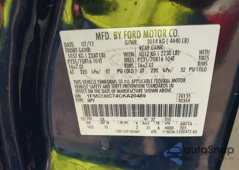 2012 Ford Escape Xls из США, поврежденный, VIN 1FMCU0C74CKA20489